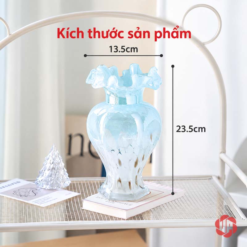 Lọ Hoa Thủy Tinh Pastel Nghệ Thuật Trang Trí Phòng Khách UPT14 Lọ hoa xanh nhạt kèm sơ đồ kích thước – lọ hoa thủy tinh pastel UPT14