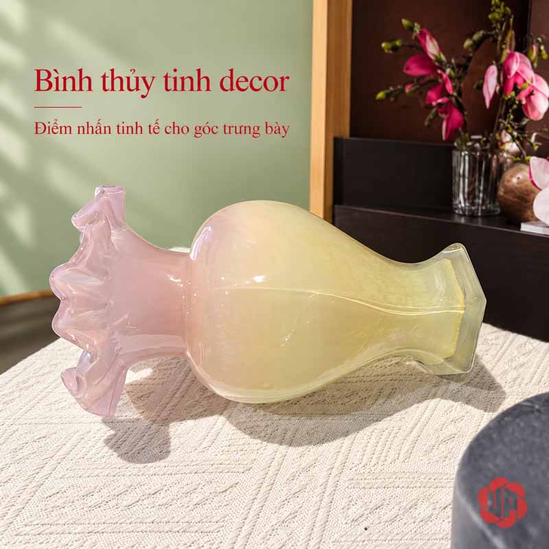 Lọ Hoa Thủy Tinh Pastel Nghệ Thuật Trang Trí Phòng Khách UPT14 Lọ thủy tinh hồng vàng dáng cổ loe đặt nằm – lọ hoa thủy tinh pastel UPT14