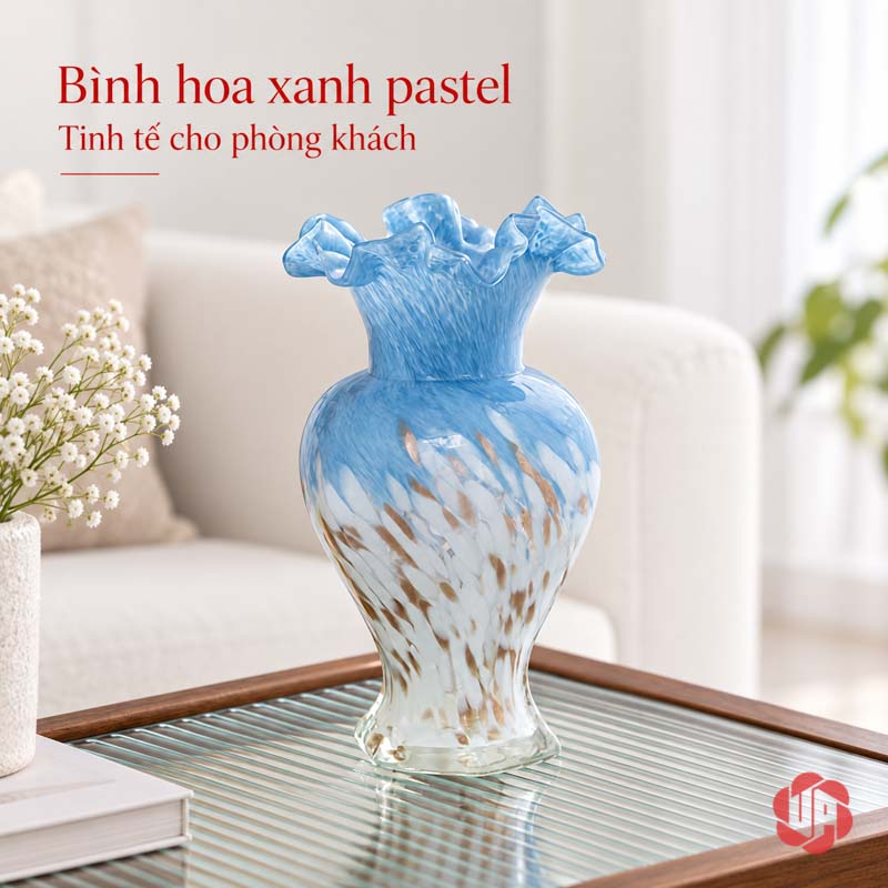 Lọ Hoa Thủy Tinh Pastel Nghệ Thuật Trang Trí Phòng Khách UPT14 Bình hoa xanh pastel tạo hình xoắn và miệng hoa – lọ hoa thủy tinh pastel UPT14