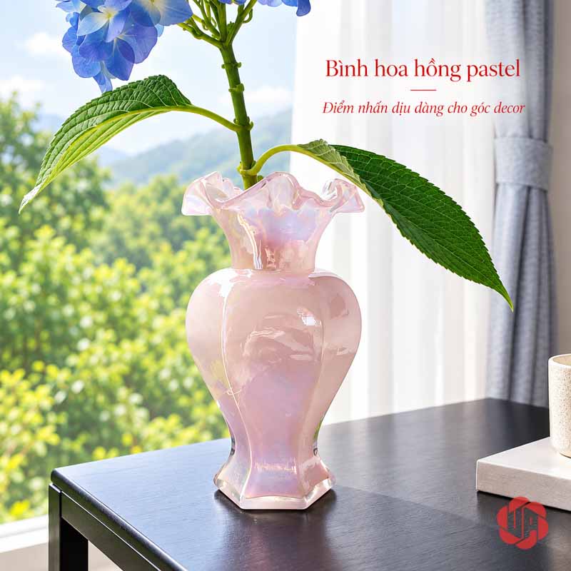 Lọ Hoa Thủy Tinh Pastel Nghệ Thuật Trang Trí Phòng Khách UPT14 Lọ hoa hồng cắm nhành lá xanh cạnh cửa kính – lọ hoa thủy tinh pastel UPT14