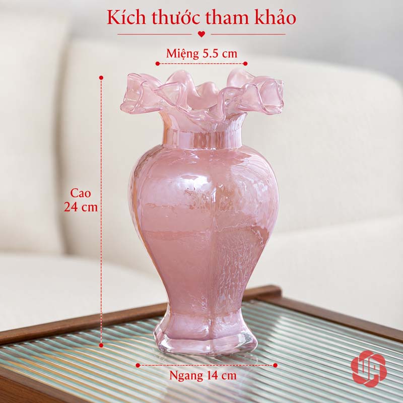 Lọ Hoa Thủy Tinh Pastel Nghệ Thuật Trang Trí Phòng Khách UPT14 Bình hoa hồng dáng thấp có chỉ dẫn kích thước – lọ hoa thủy tinh pastel UPT14