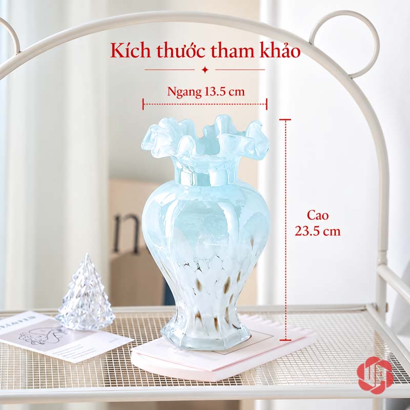 Lọ Hoa Thủy Tinh Pastel Nghệ Thuật Trang Trí Phòng Khách UPT14 Lọ hoa xanh tạo hình xoắn với sơ đồ số đo – lọ hoa thủy tinh pastel UPT14