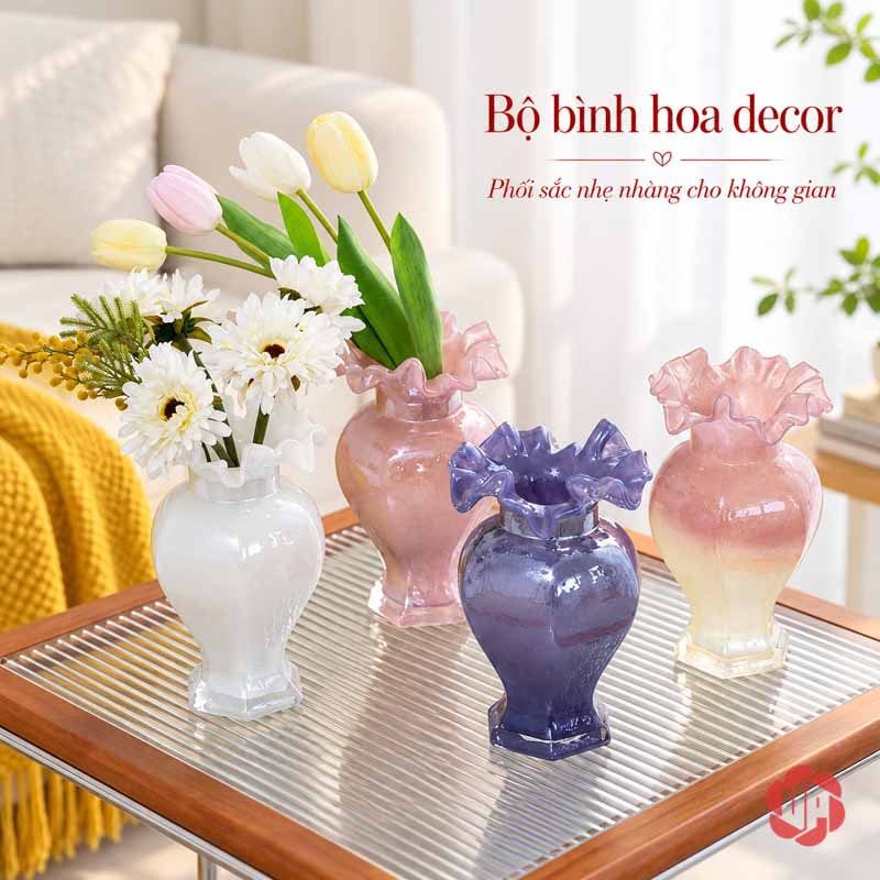 Lọ Hoa Thủy Tinh Pastel Nghệ Thuật Trang Trí Phòng Khách UPT14 Ba lọ pastel hồng xanh tím phối cắm hoa – lọ hoa thủy tinh pastel UPT14