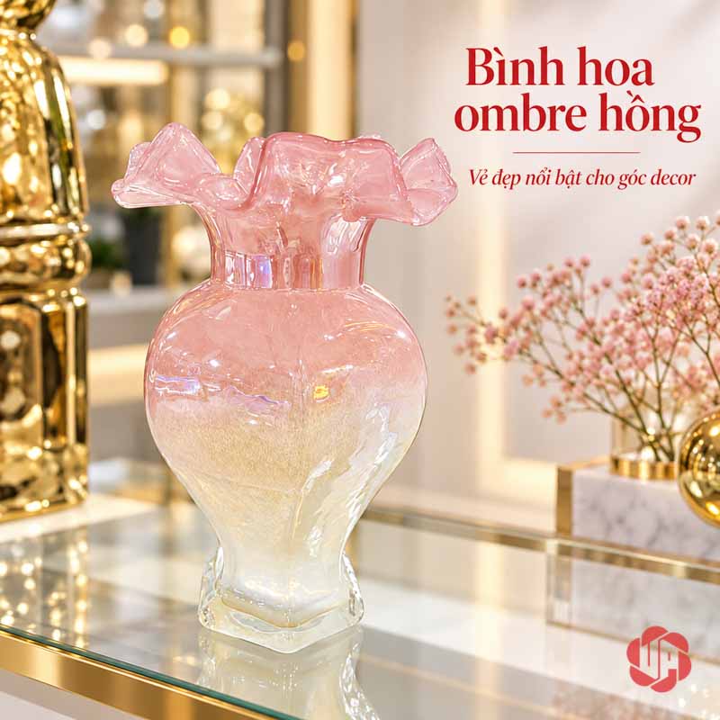Lọ Hoa Thủy Tinh Pastel Nghệ Thuật Trang Trí Phòng Khách UPT14 Lọ hồng vàng pha màu đặt trên mặt kính – lọ hoa thủy tinh pastel UPT14