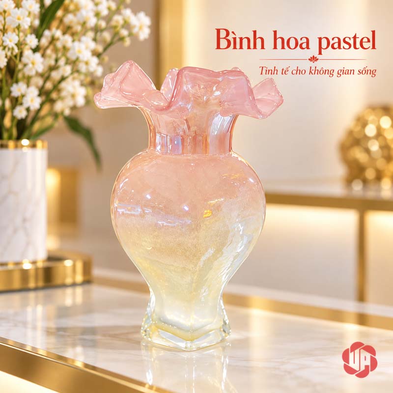 Lọ Hoa Thủy Tinh Pastel Nghệ Thuật Trang Trí Phòng Khách UPT14 Lọ hoa hồng vàng ombre với miệng cánh hoa – lọ hoa thủy tinh pastel UPT14