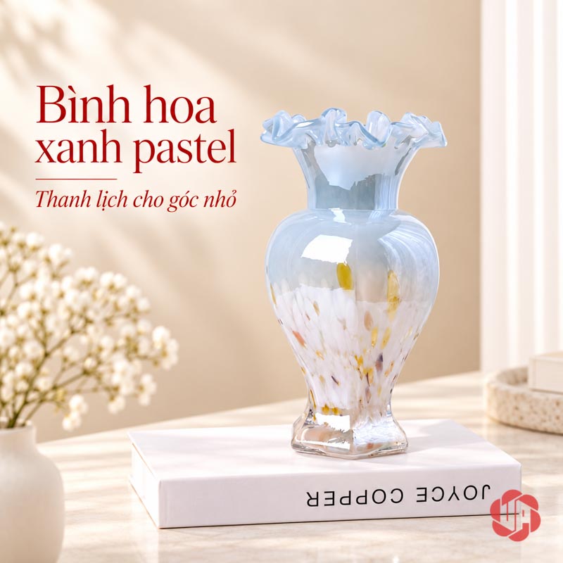 Lọ Hoa Thủy Tinh Pastel Nghệ Thuật Trang Trí Phòng Khách UPT14 Bình xanh nhạt thủy tinh tạo hình tinh tế – lọ hoa thủy tinh pastel UPT14
