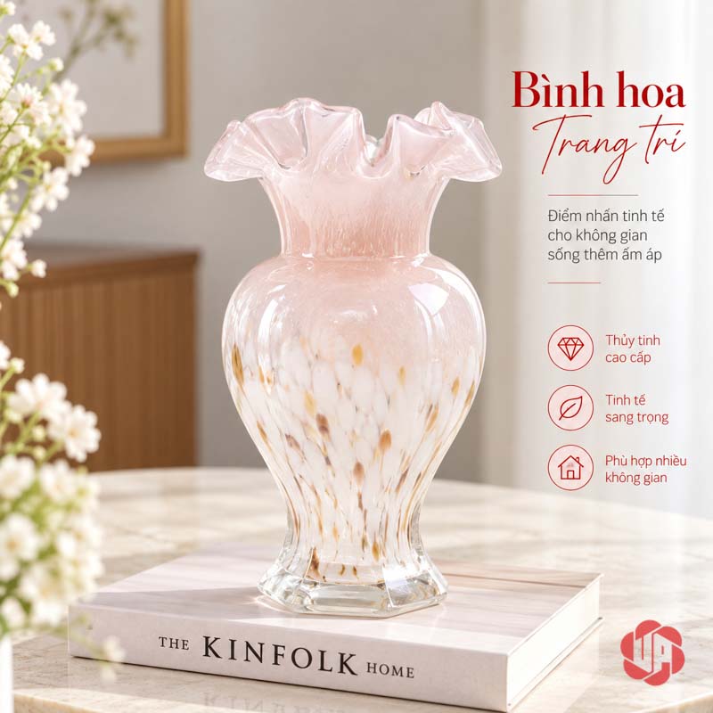 Lọ Hoa Thủy Tinh Pastel Nghệ Thuật Trang Trí Phòng Khách UPT14 Lọ trắng hồng ánh vàng ở góc phòng sáng – lọ hoa thủy tinh pastel UPT14