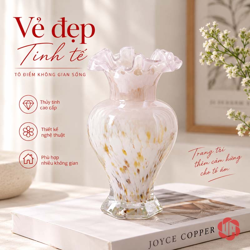 Lọ Hoa Thủy Tinh Pastel Nghệ Thuật Trang Trí Phòng Khách UPT14 Lọ hoa trong hồng kết hợp ánh vàng và họa tiết vân – lọ hoa thủy tinh pastel UPT14