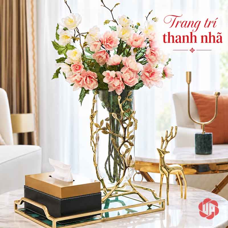 Lọ Hoa Thủy Tinh Mạ Vàng Họa Tiết Cành Lá UPT10 Lọ hoa thủy tinh dáng cao cắm hoa hồng trang trí phòng khách