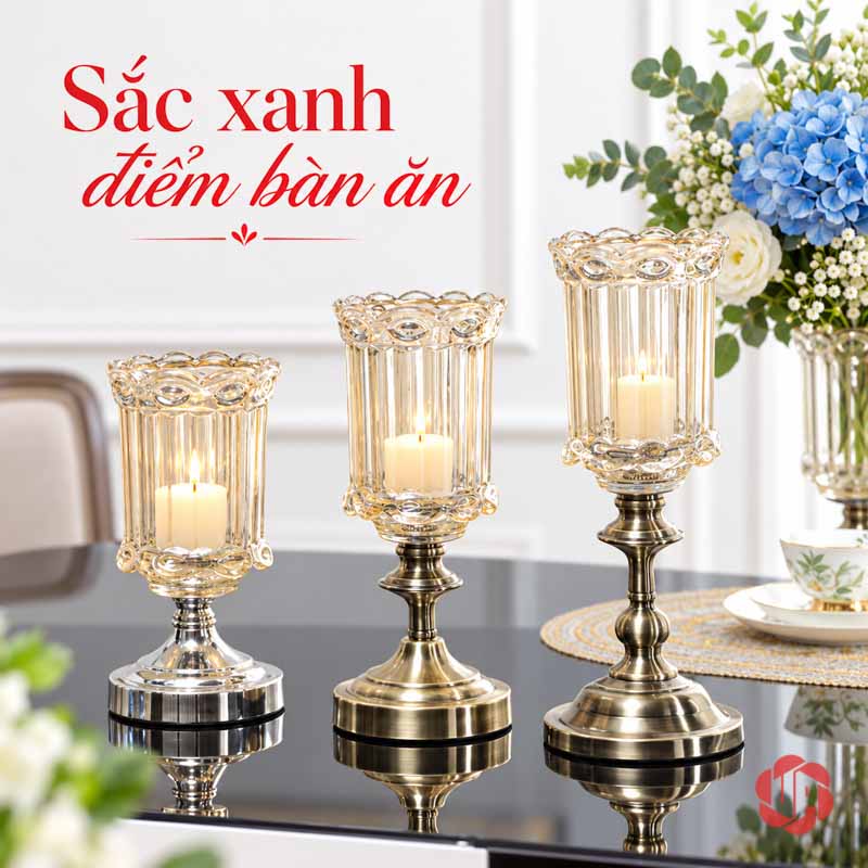 Lọ Hoa Thủy Tinh Tân Cổ Điển Chân Ánh Kim UPT11 Ba lọ thủy tinh chân kim loại có miệng uốn cánh trang trí
