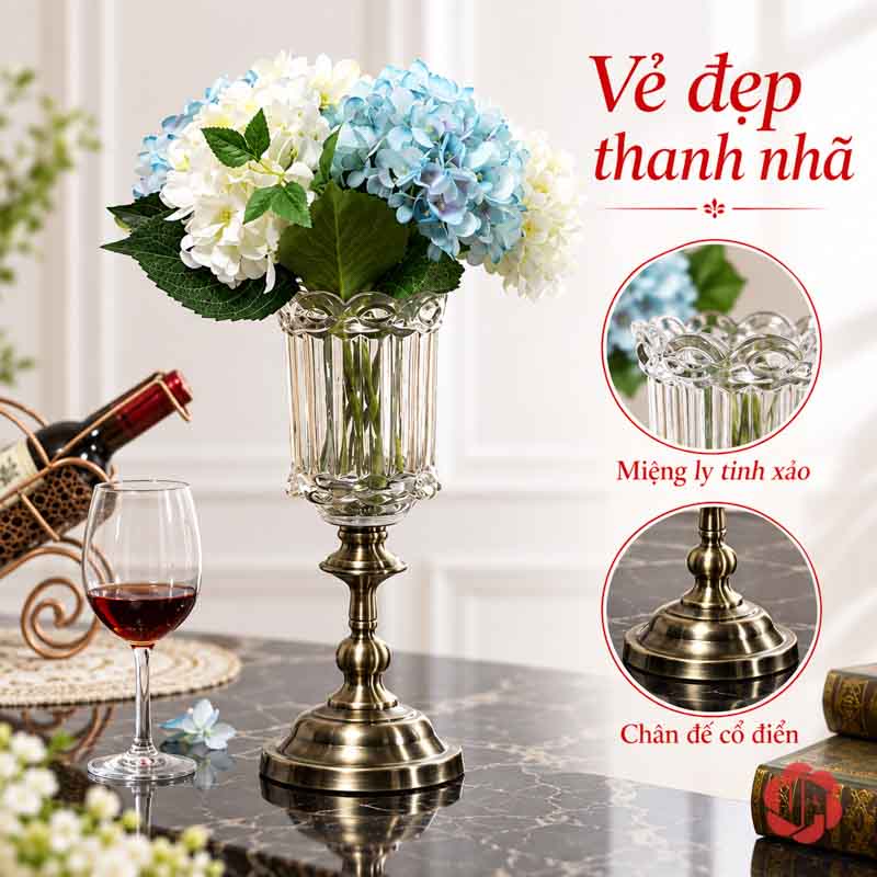 Lọ Hoa Thủy Tinh Tân Cổ Điển Chân Ánh Kim UPT11 Lọ thủy tinh chân đồng cùng ảnh chi tiết miệng và chân đế