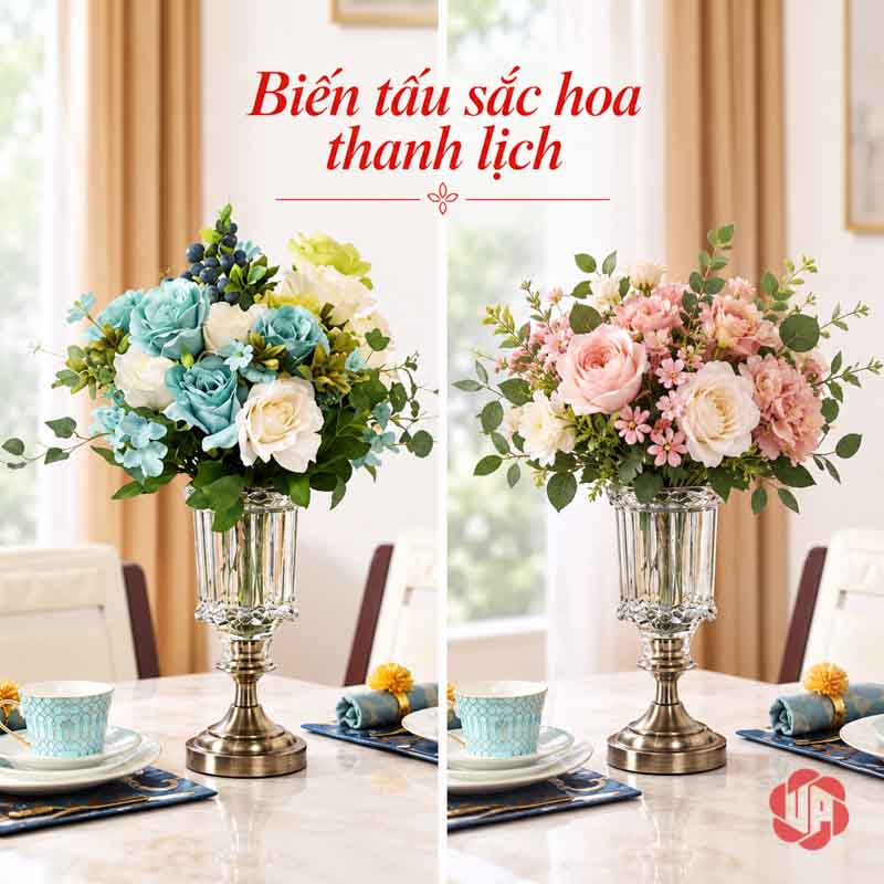 Lọ Hoa Thủy Tinh Tân Cổ Điển Chân Ánh Kim UPT11 Hai lọ thủy tinh cắm hoa phối xanh và hồng trên bàn ăn