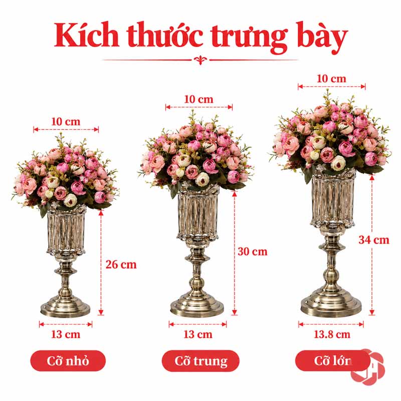 Lọ Hoa Thủy Tinh Tân Cổ Điển Chân Ánh Kim UPT11 Ảnh kích thước lọ hoa thủy tinh ba cỡ cao 26 30 34 cm