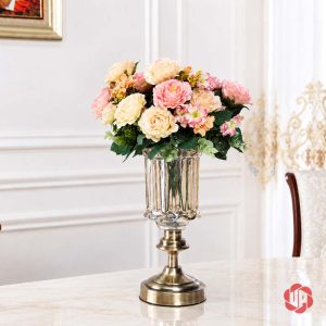 Lọ hoa thủy tinh chân hợp kim ánh đồng cắm hoa hồng pastel