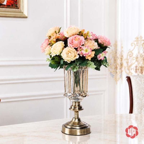 Lọ hoa thủy tinh chân hợp kim ánh đồng cắm hoa hồng pastel