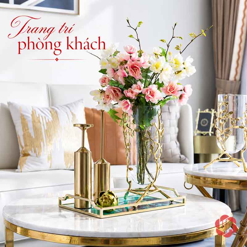 Lọ Hoa Thủy Tinh Mạ Vàng Họa Tiết Cành Lá UPT10 Lọ thủy tinh khung lá ánh vàng cắm hoa trên bàn phòng khách