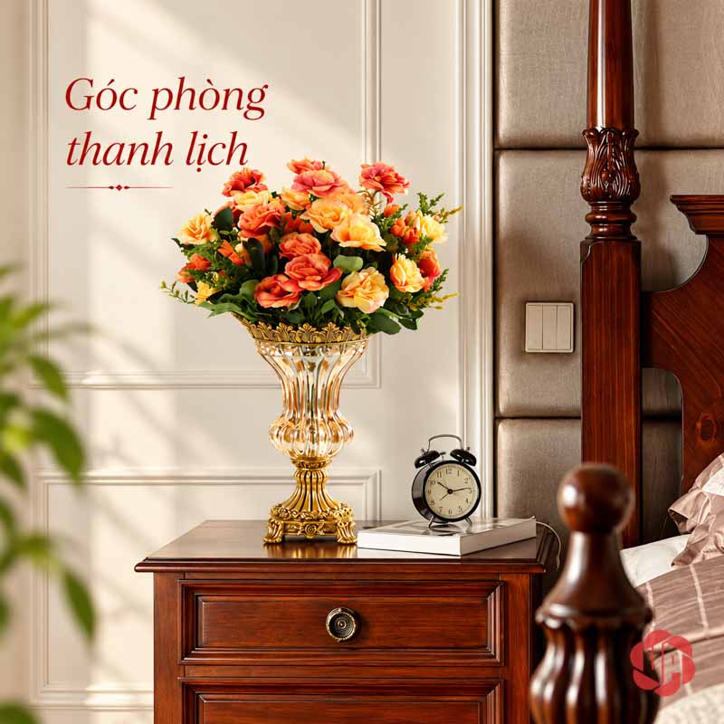Lọ Hoa Thủy Tinh Tân Cổ Điển Viền Vàng UPT13 lọ cắm hoa tại góc nội thất của lọ hoa thủy tinh tân cổ điển UPT13