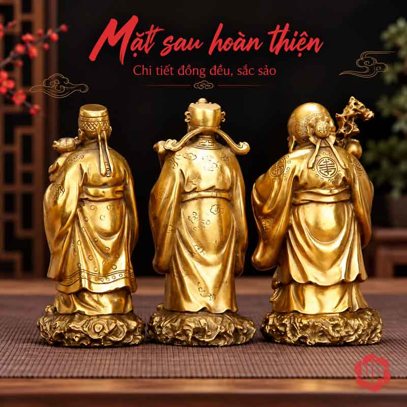 Bộ Tượng Phúc Lộc Thọ Tam Đa Bằng Đồng UPD008 Bộ ba tượng Phúc Lộc Thọ nhìn từ phía sau trên nền tối