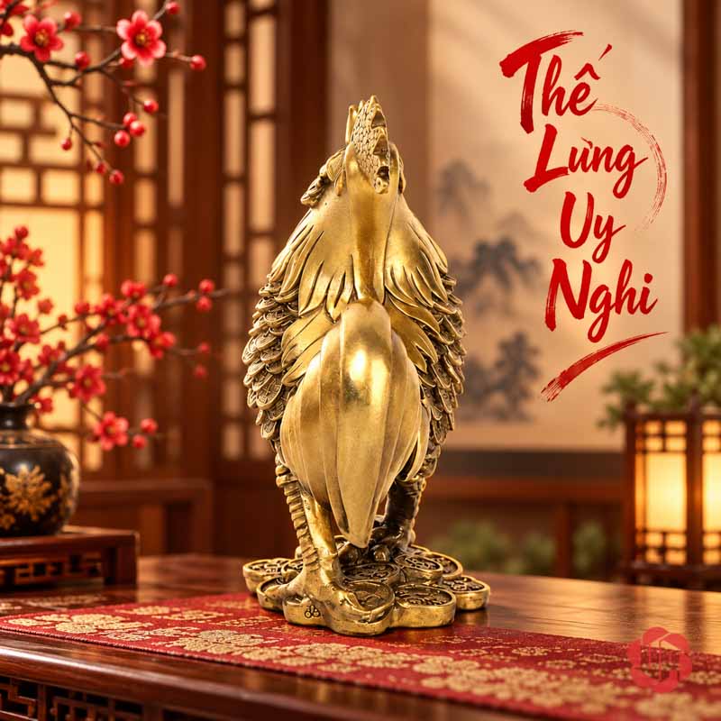Tượng Con Gà Trống Tài Lộc Bằng Đồng UPD023 Mặt sau gà trống đứng trên đế tiền xu