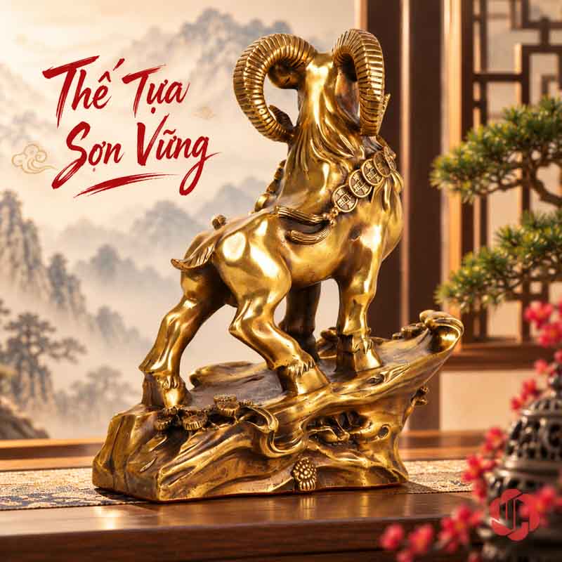 Tượng Con Dê Phong Thủy Bằng Đồng Ngậm Xâu Tiền UPD017 Mặt sau tượng dê phong thủy trên đế trang trí