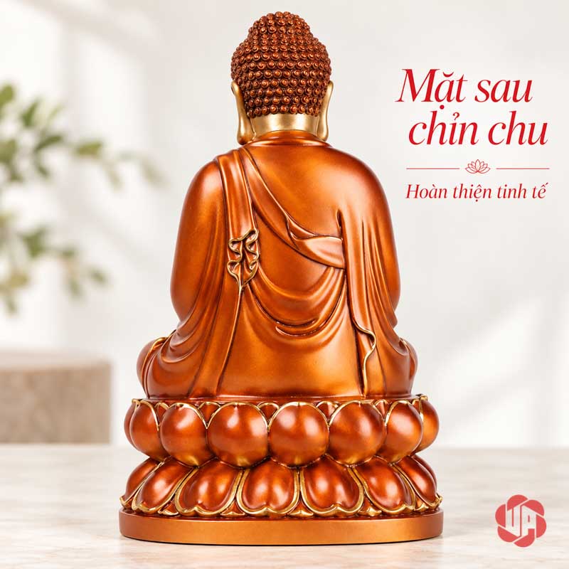 Tượng Phật Tổ Như Lai Ngồi Thiền Sắc Đồng UPD009 Mặt sau tượng Phật Như Lai với nếp áo phủ lưng và đài sen