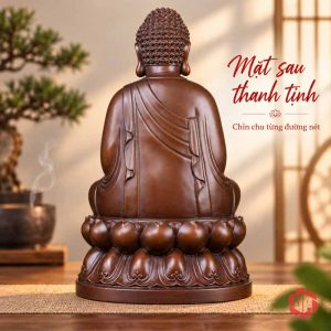 Mặt sau tượng Phật với áo choàng buông xuống và hai tầng cánh sen dưới bệ