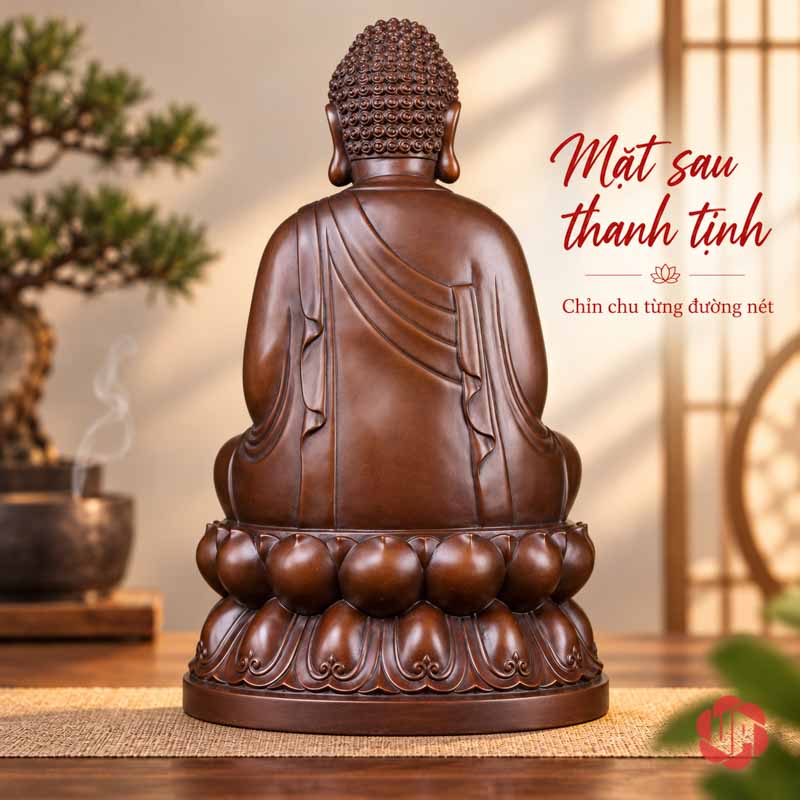 Tượng Phật Thích Ca Mâu Ni Ngồi Thiền Bằng Đồng UPD011 Mặt sau tượng Phật với áo choàng buông xuống và hai tầng cánh sen dưới bệ