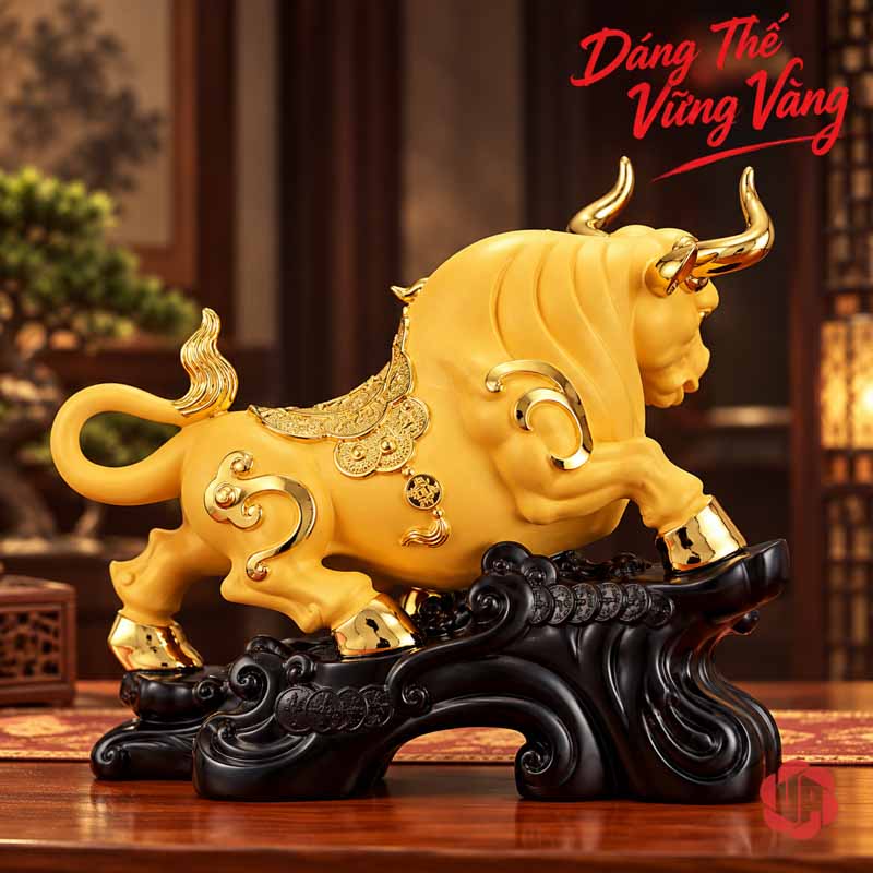 Tượng Phong Thủy Trâu Vàng Thịnh Vượng UPV083 Mặt sau tượng trâu vàng với đuôi cong và chân trên đế