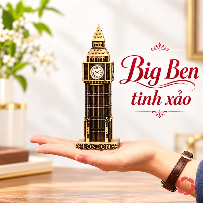 Đồ Decor Nội Thất, Bộ Sưu Tập Mô Hình Kiến Trúc Thế Giới UPV002 Mô hình Big Ben trên lòng bàn tay trước nền phòng sáng