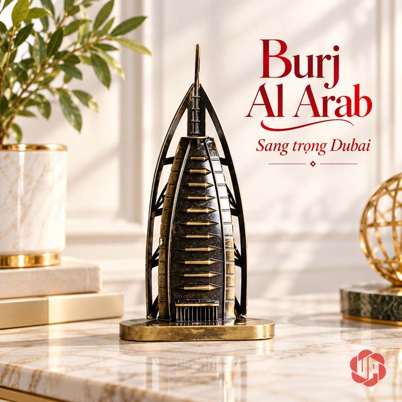 Đồ Decor Nội Thất, Bộ Sưu Tập Mô Hình Kiến Trúc Thế Giới UPV002 Mô hình Burj Al Arab nhìn chếch trên mặt bàn sáng