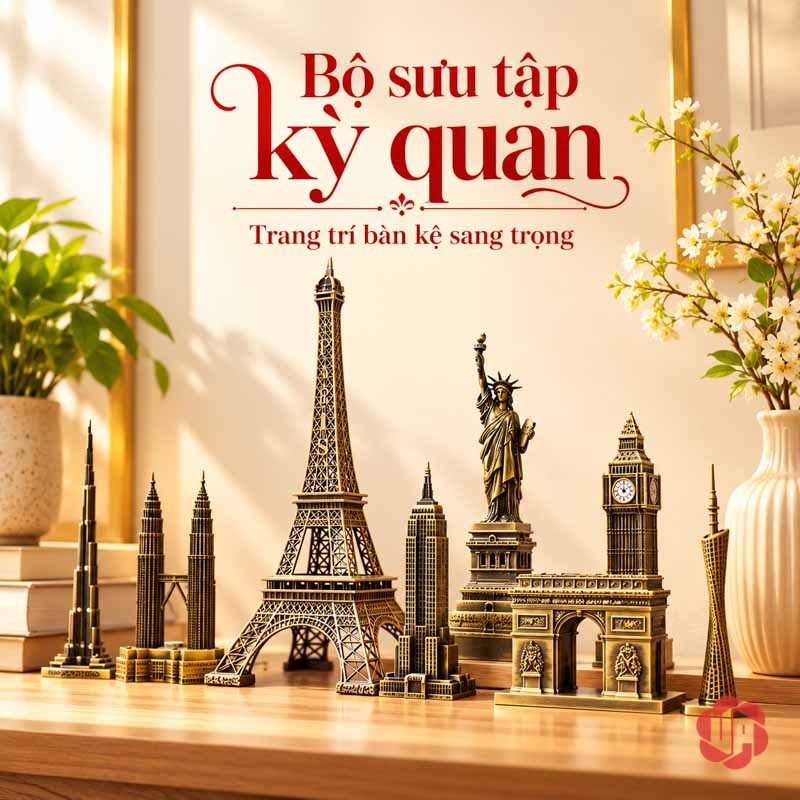 Đồ Decor Nội Thất, Bộ Sưu Tập Mô Hình Kiến Trúc Thế Giới UPV002 Nhóm Eiffel, Nữ thần Tự do, Big Ben và Khải Hoàn Môn trên bàn