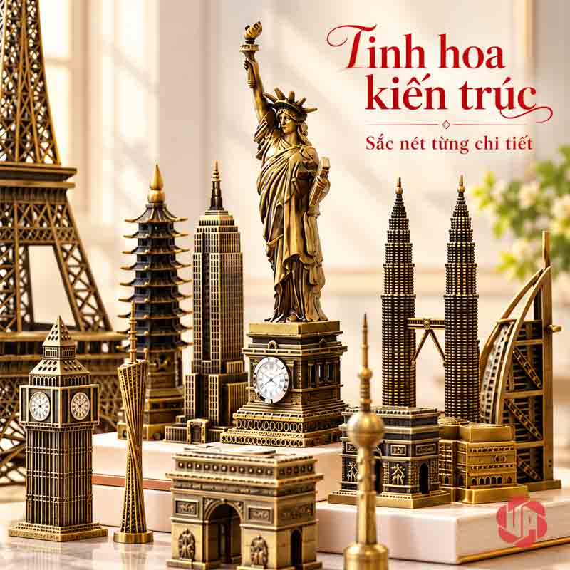Đồ Decor Nội Thất, Bộ Sưu Tập Mô Hình Kiến Trúc Thế Giới UPV002 Góc gần nhóm mô hình với Nữ thần Tự do, Big Ben và Khải Hoàn Môn