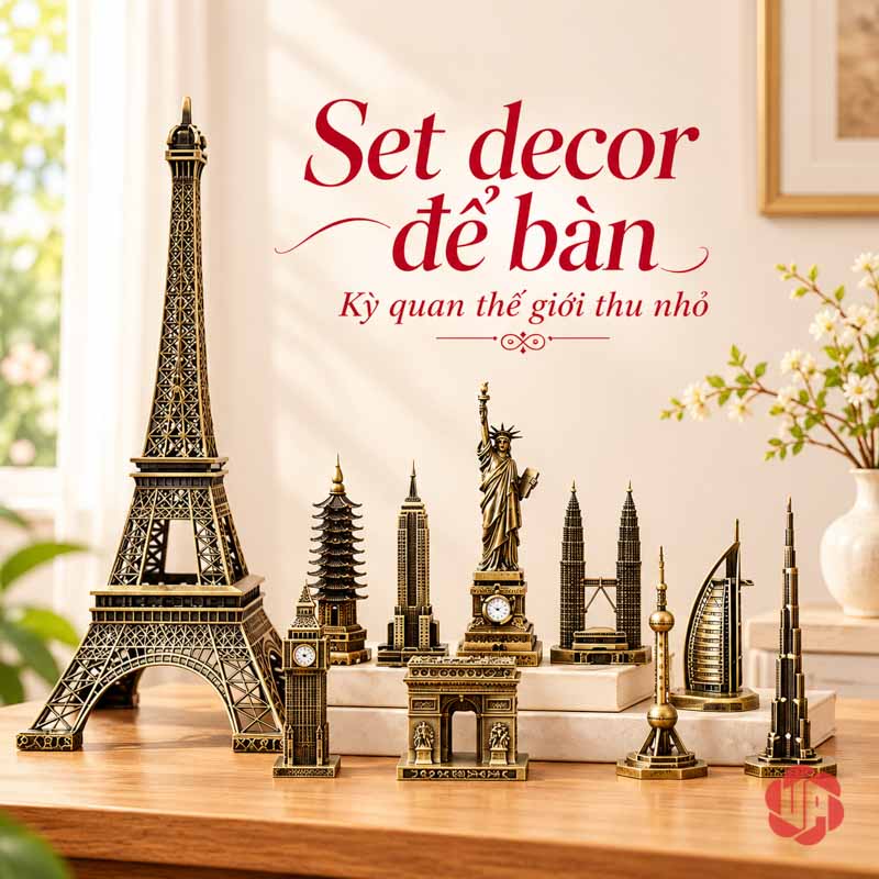 Đồ Decor Nội Thất, Bộ Sưu Tập Mô Hình Kiến Trúc Thế Giới UPV002 Nhiều mô hình kiến trúc màu đồng cổ bày thành dãy trên bàn