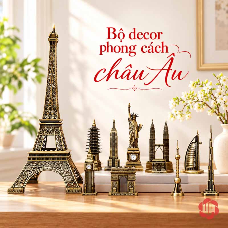Đồ Decor Nội Thất, Bộ Sưu Tập Mô Hình Kiến Trúc Thế Giới UPV002 Eiffel lớn đứng cạnh nhiều công trình nhỏ hơn trên bàn