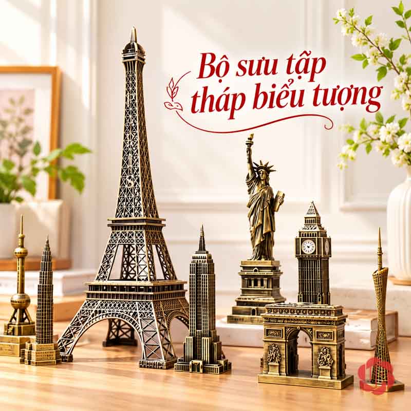 Đồ Decor Nội Thất, Bộ Sưu Tập Mô Hình Kiến Trúc Thế Giới UPV002 Nhóm Eiffel, Nữ thần Tự do, Big Ben và Khải Hoàn Môn trong phòng