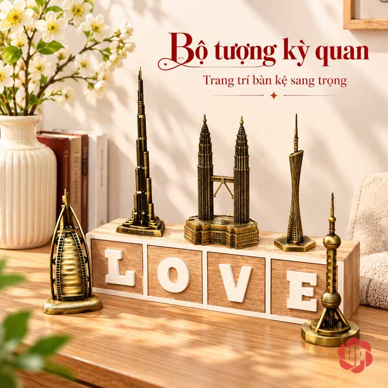 Đồ Decor Nội Thất, Bộ Sưu Tập Mô Hình Kiến Trúc Thế Giới UPV002 Nhóm mô hình kiến trúc màu đồng cổ bày cao thấp quanh chữ LOVE