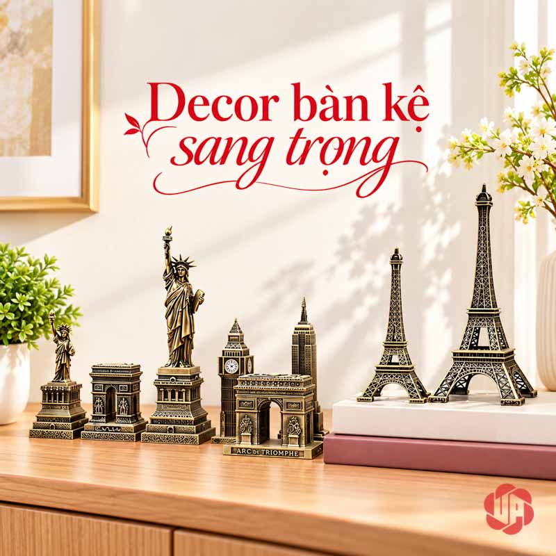 Đồ Decor Nội Thất, Bộ Sưu Tập Mô Hình Kiến Trúc Thế Giới UPV002 Các mô hình màu đồng cổ chia nhóm trên bàn và bục trắng