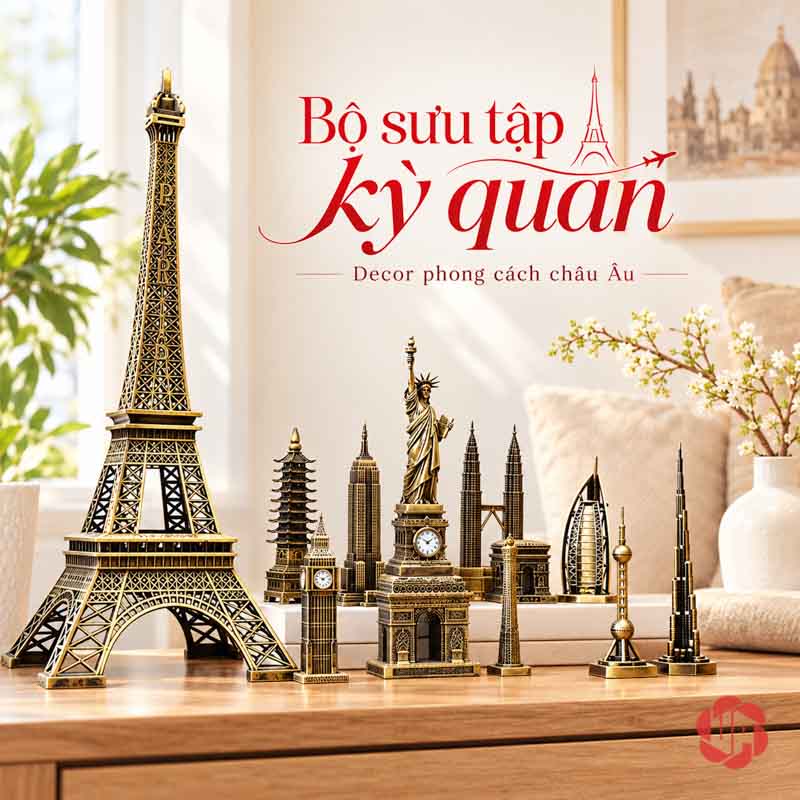 Đồ Decor Nội Thất, Bộ Sưu Tập Mô Hình Kiến Trúc Thế Giới UPV002 Tháp Eiffel lớn cạnh nhóm mô hình kiến trúc trên bàn gỗ