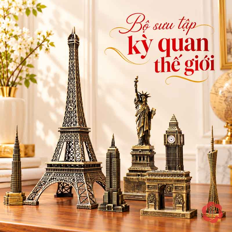 Đồ Decor Nội Thất, Bộ Sưu Tập Mô Hình Kiến Trúc Thế Giới UPV002 Eiffel, Nữ thần Tự do, Big Ben và Khải Hoàn Môn nhìn chính diện