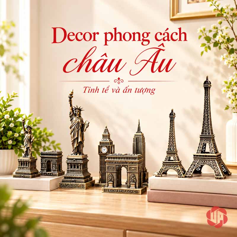 Đồ Decor Nội Thất, Bộ Sưu Tập Mô Hình Kiến Trúc Thế Giới UPV002 Nhóm mô hình kiến trúc bày trên các bục sáng với Eiffel ở phía sau