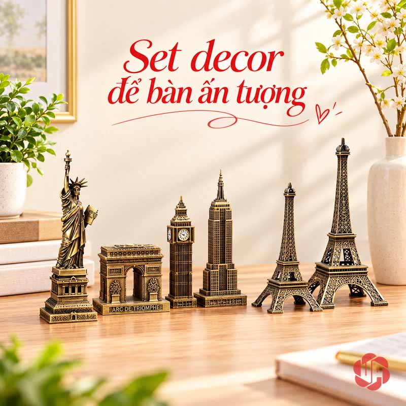 Đồ Decor Nội Thất, Bộ Sưu Tập Mô Hình Kiến Trúc Thế Giới UPV002 Nhóm mô hình kiến trúc gồm nhiều dáng tháp và cổng vòm trên bàn