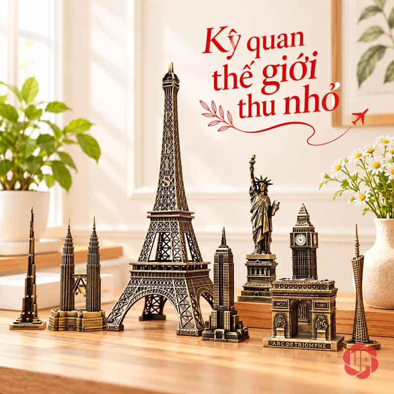 Đồ Decor Nội Thất, Bộ Sưu Tập Mô Hình Kiến Trúc Thế Giới UPV002 Nhóm mô hình kiến trúc với Eiffel ở giữa và các công trình hai bên