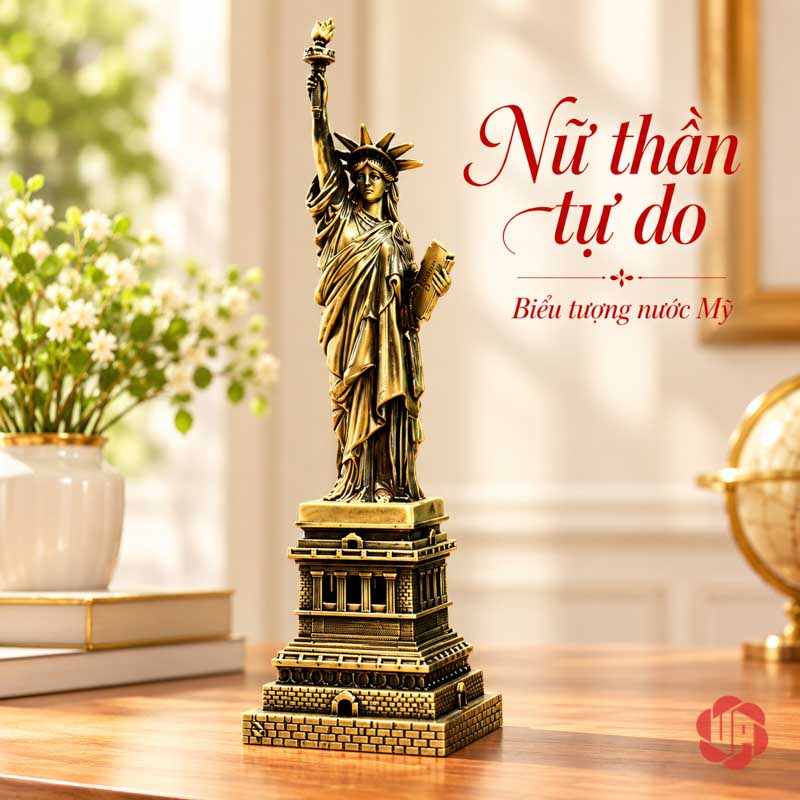 Đồ Decor Nội Thất, Bộ Sưu Tập Mô Hình Kiến Trúc Thế Giới UPV002 Mô hình Nữ thần Tự do cầm đuốc trên bệ màu đồng cổ