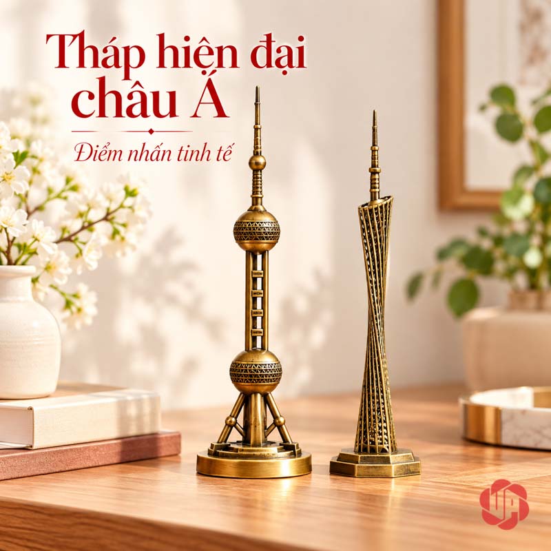 Đồ Decor Nội Thất, Bộ Sưu Tập Mô Hình Kiến Trúc Thế Giới UPV002 Hai mô hình tháp kiến trúc châu Á dáng mảnh trên bàn sáng