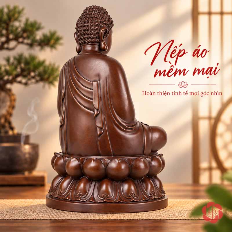 Tượng Phật Thích Ca Mâu Ni Ngồi Thiền Bằng Đồng UPD011 Tượng Phật nhìn từ sau bên phải với nếp áo rủ trên lưng