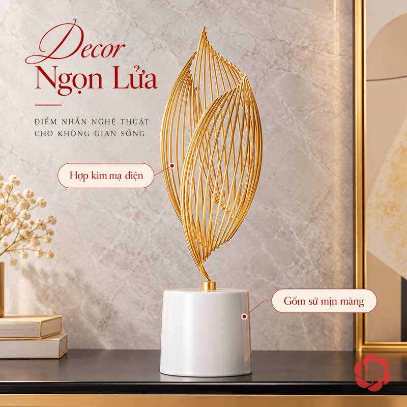 Tượng Decor Đôi Cá Trắng Vàng Và Ngọn Lửa UPS034 Ngọn lửa decor bằng các thanh vàng trên đế trụ trắng
