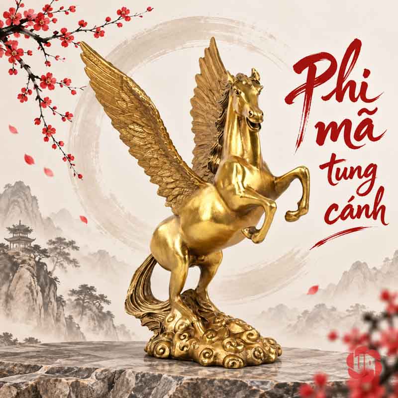 Ngựa Thần Pegasus Bằng Đồng Tượng Ngựa Có Cánh Để Bàn UPD035 Ngựa có cánh nhìn chéo phía trước trên nền tranh sáng