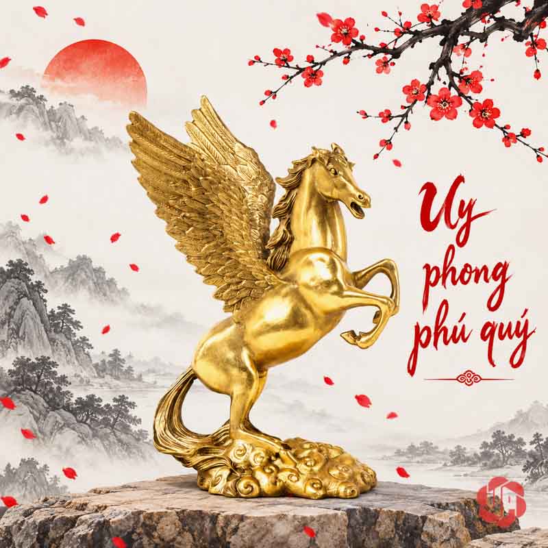 Ngựa Thần Pegasus Bằng Đồng Tượng Ngựa Có Cánh Để Bàn UPD035 Ngựa thần Pegasus đặt trên bệ đá trước nền tranh núi