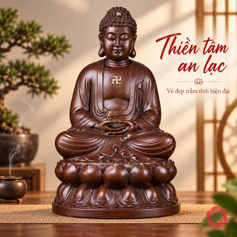 Tượng Phật Thích Ca Mâu Ni Ngồi Thiền Bằng Đồng UPD011 Tượng Phật dáng ngồi thiền chính diện, áo nâu đồng và bệ sen nhiều lớp