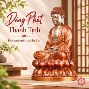 Tượng Phật Như Lai ngồi thiền chụp chếch bên phải với bệ sen màu cam đồng